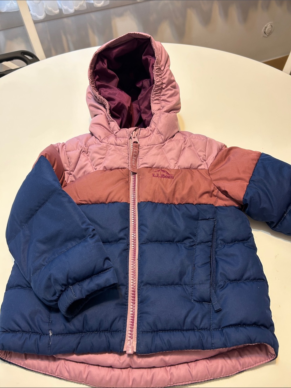 L.L. Bean Kids Puffer Jacket in Pink, Navy & Brown